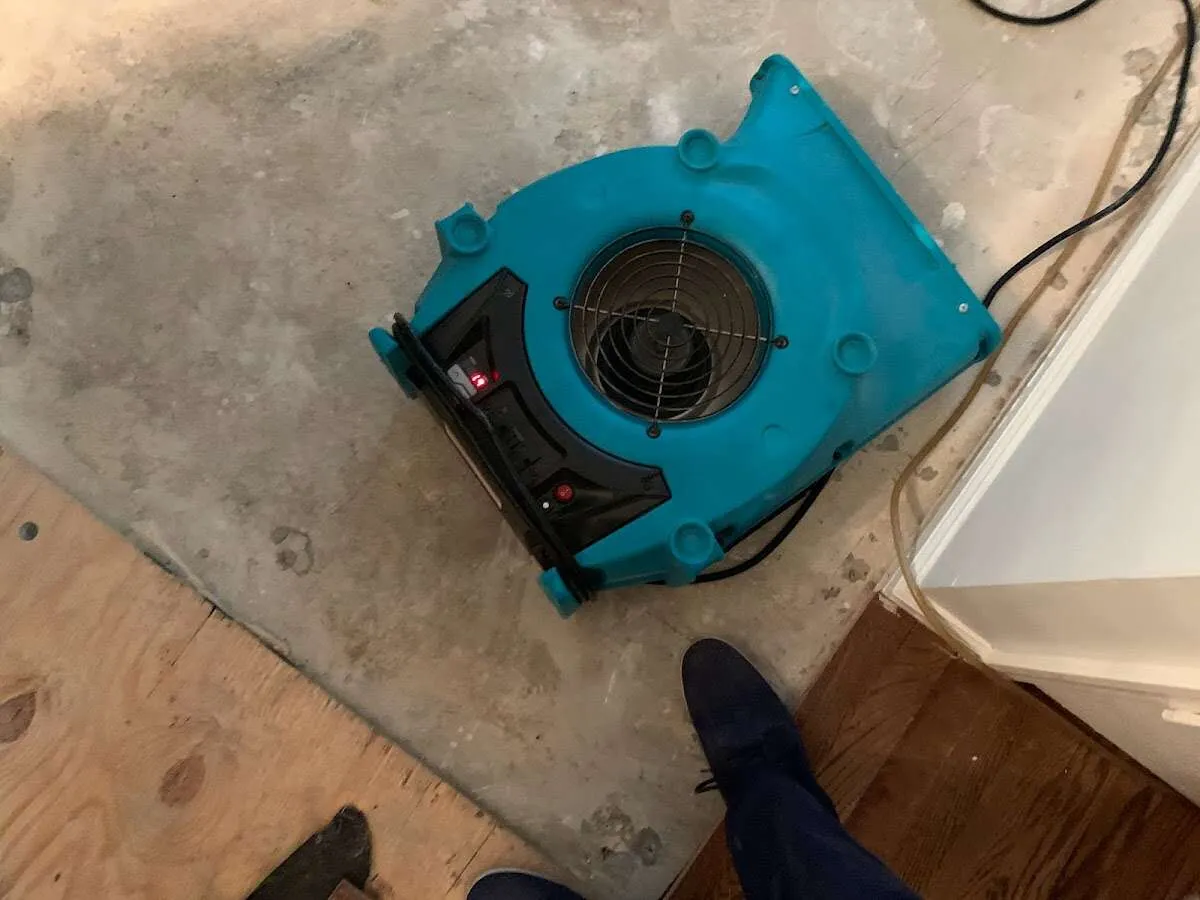 Air mover drying subfloor during Commercial Water Damage Restoration in Hackensack
